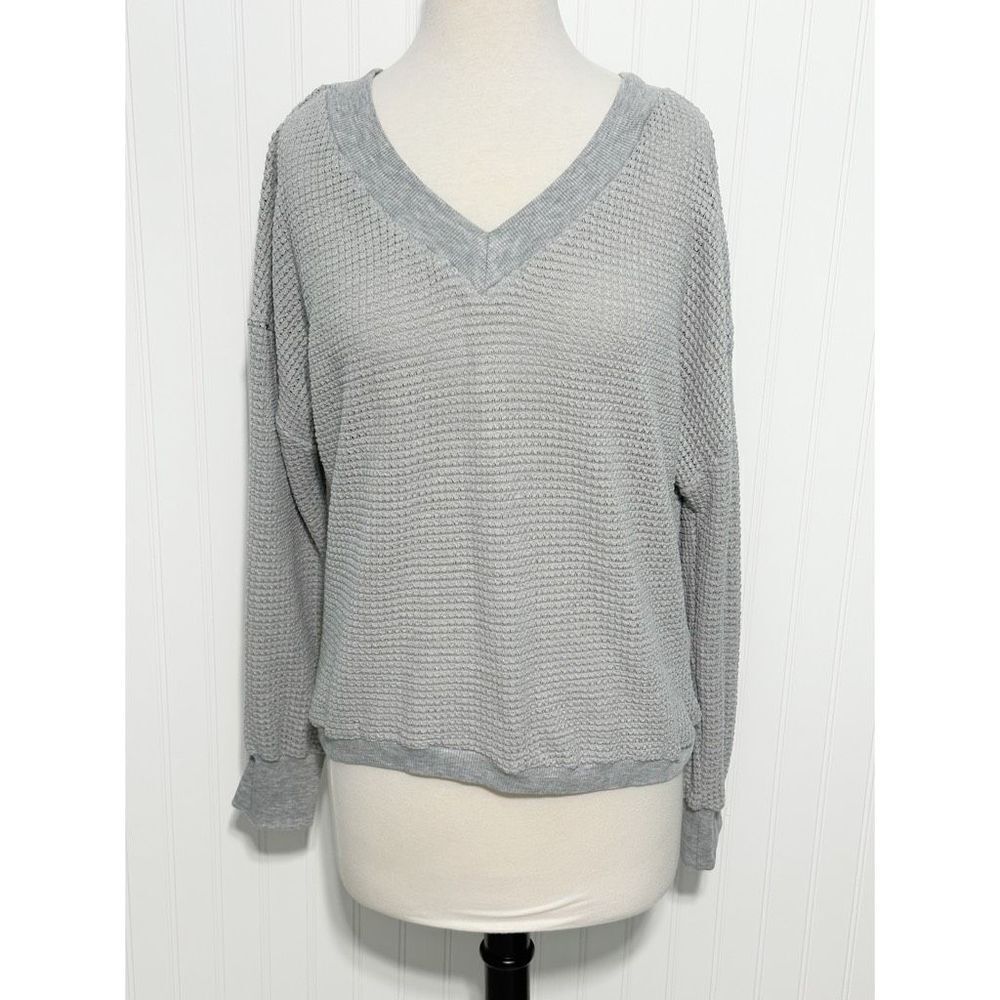 Women's Waffle Knit V-Neck Casual Long Sleeve Pullover Sweater Gray‎ Size Large